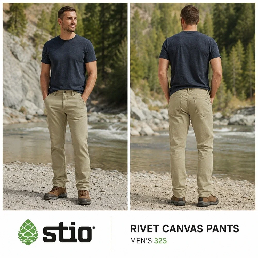 Stio Rivet Canvas Pants Mens 32S Khaki Tan Organic Cotton Stretch Outdoor 2335